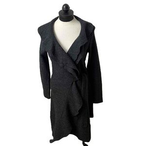 Dark Gray Ruffled Wool Belted Wrap Coat Womens Size Small